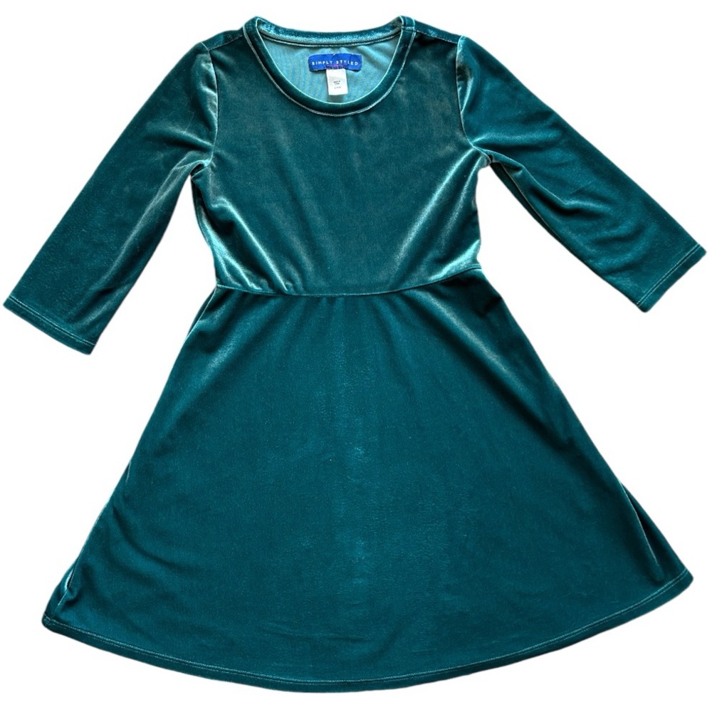 Girls Velour Dress Size S 7/8 Green Shade. 3/4 Sleeves, Fancy Holiday Girl Dress